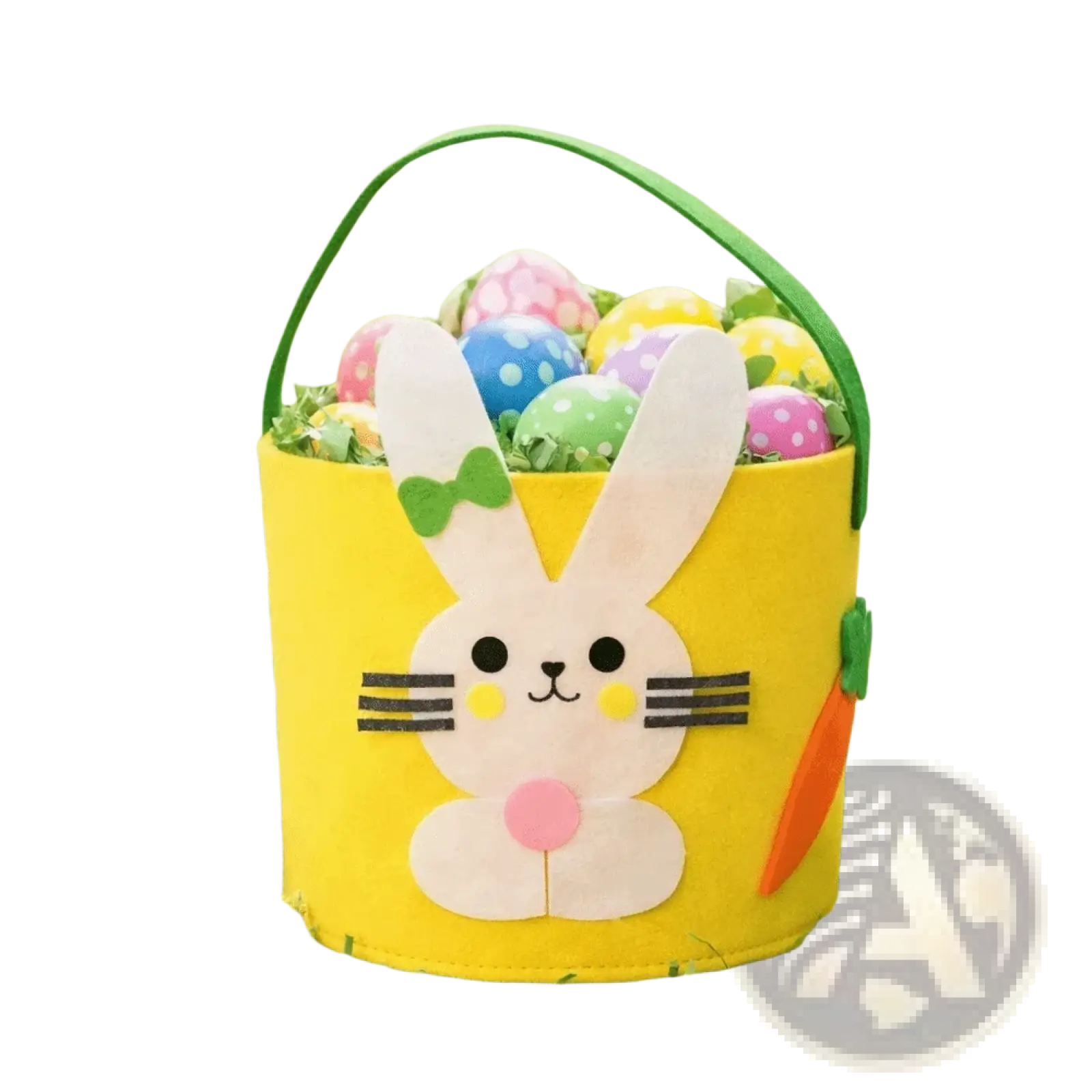 Yellow felt easter bunny basket gift bag with cute bunny face design featuring pink cheeks and black whiskers