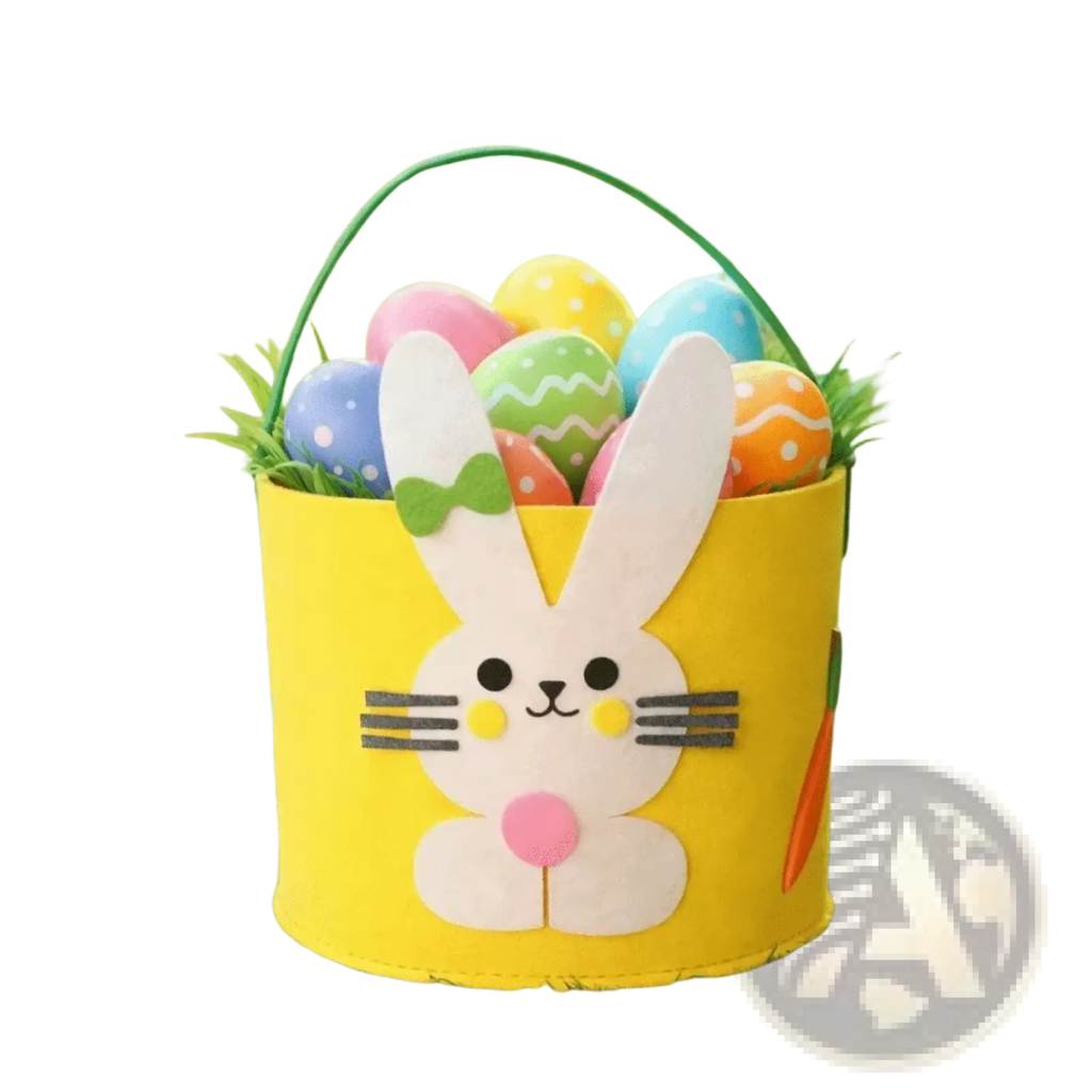 Yellow felt easter bunny basket gift bag with green handle containing colorful painted eggs for festive use
