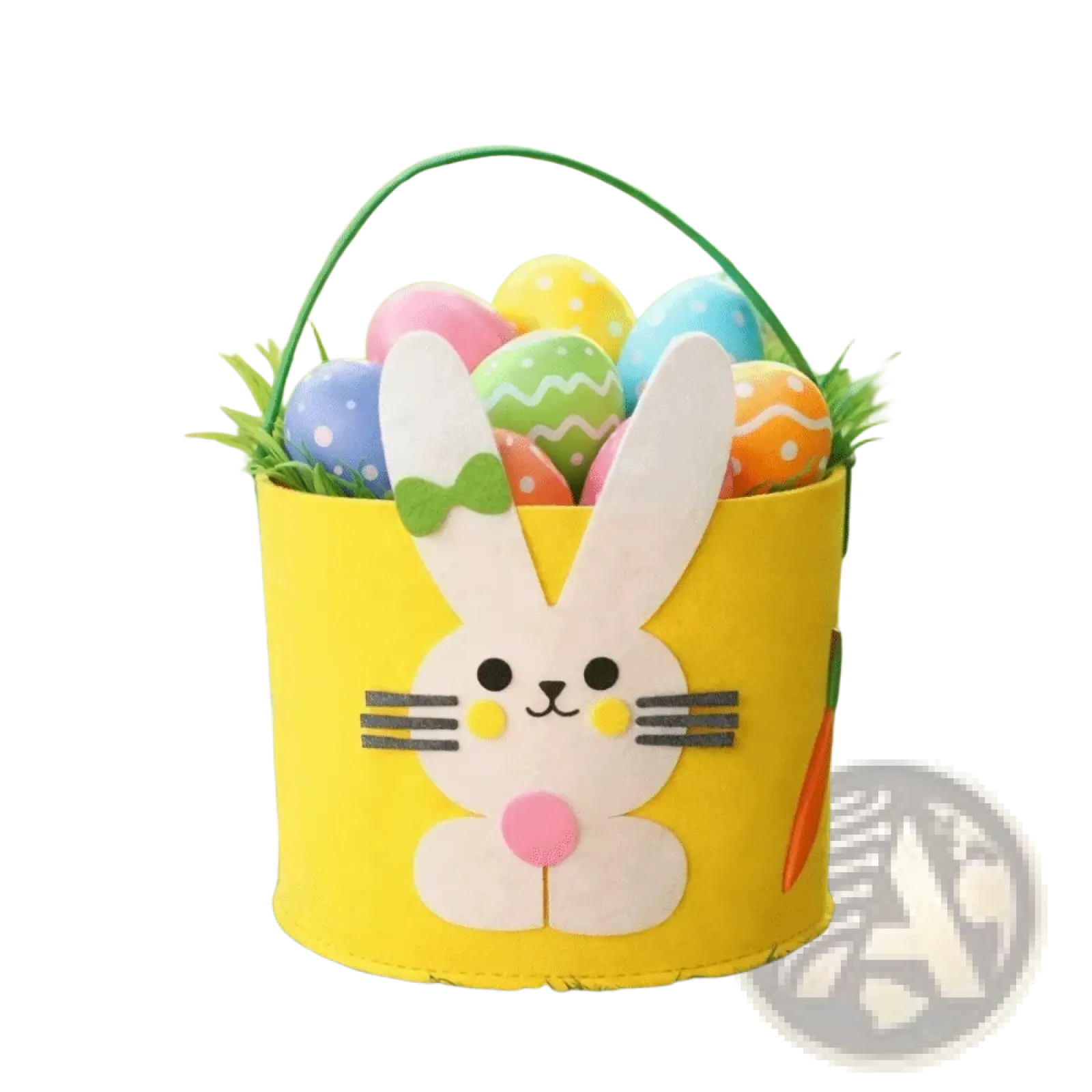 Yellow felt easter bunny basket gift bag with green handle containing colorful painted eggs for festive use