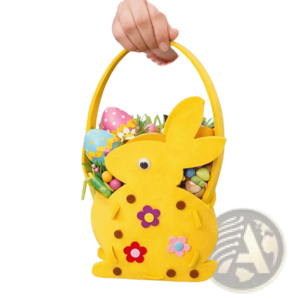 A cheerful yellow felt Easter bunny basket gift bag adorned with colorful fabric flowers filled with decorated eggs and greenery
