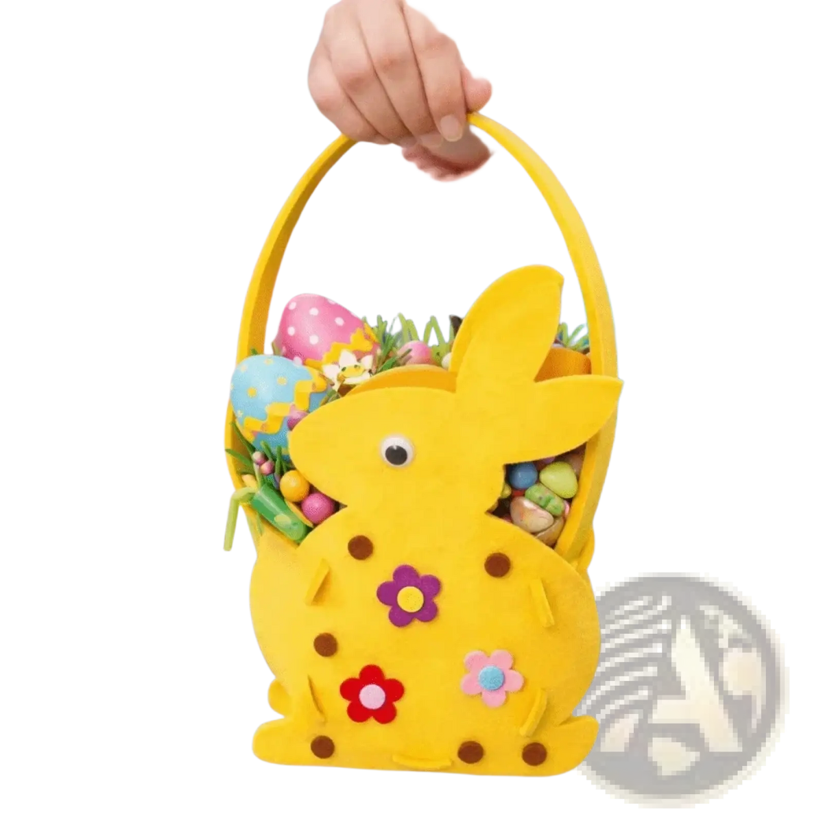 A cheerful yellow felt Easter bunny basket gift bag adorned with colorful fabric flowers filled with decorated eggs and greenery