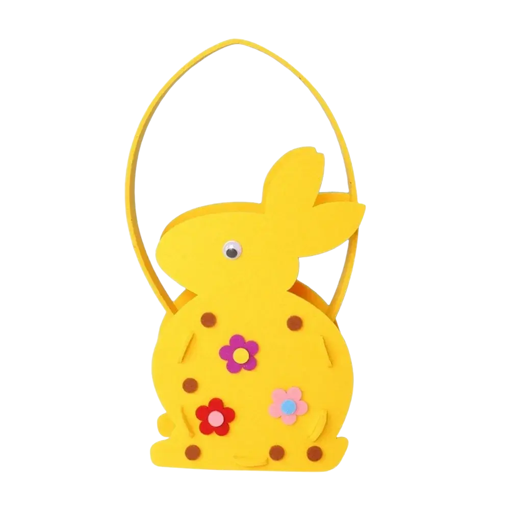 Yellow felt Easter bunny basket gift bag with yellow foam bunny shape, curved handle, colorful paper flowers and brown polka dots