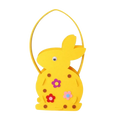 Yellow felt Easter bunny basket gift bag with yellow foam bunny shape, curved handle, colorful paper flowers and brown polka dots