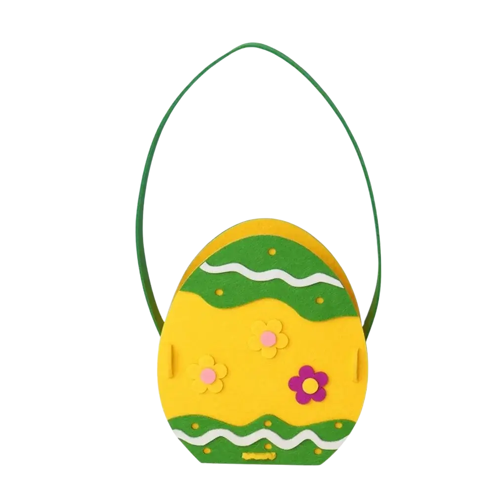 Yellow felt Easter bunny basket gift bag with yellow and green egg shape and pink purple flower appliqués