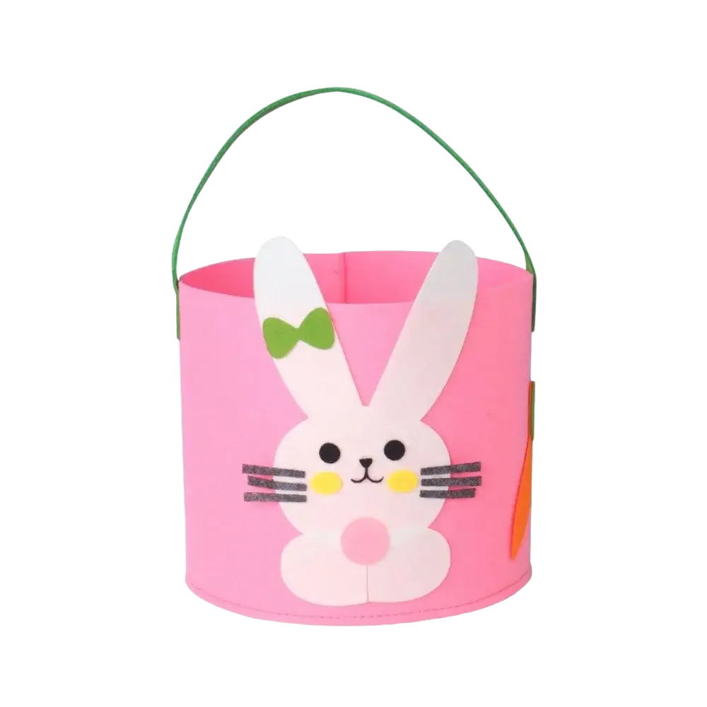 Pink felt easter basket with white bunny face yellow cheeks green bow and orange carrot decoration gift bag