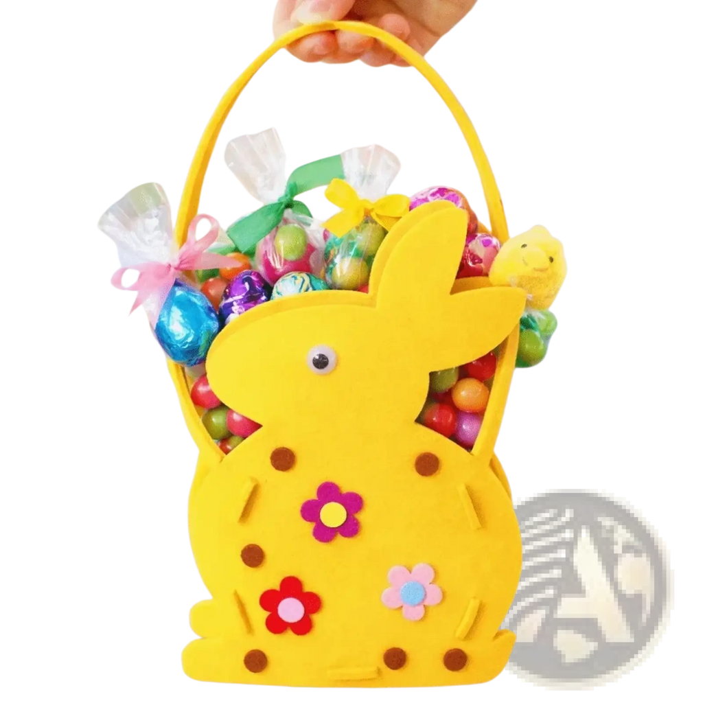 Yellow felt easter bunny basket gift bag with colorful flower and dot decorations filled with wrapped candies