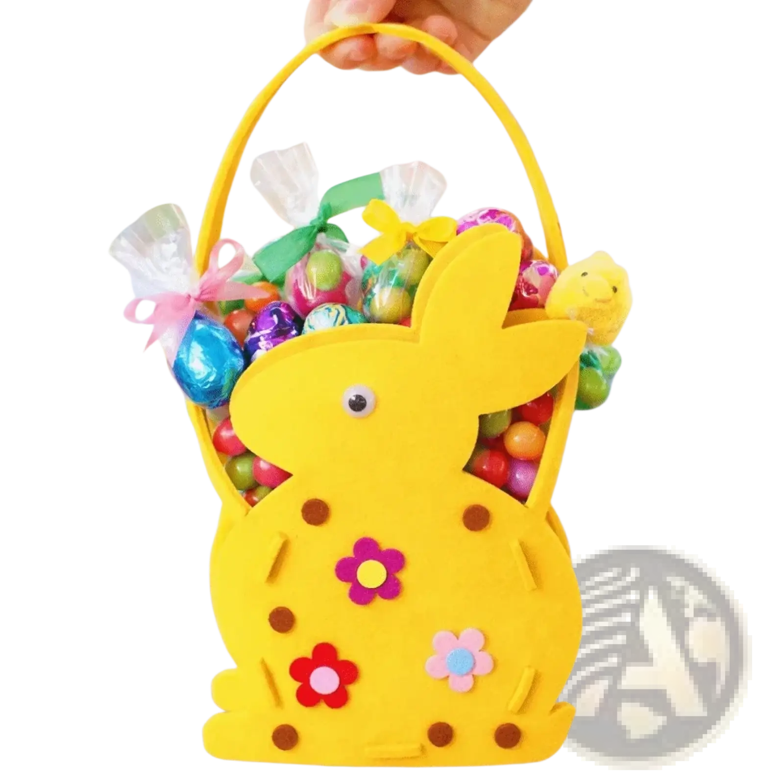 Yellow felt easter bunny basket gift bag with colorful flower and dot decorations filled with wrapped candies