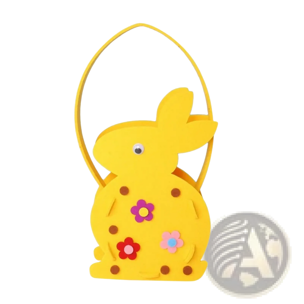 Yellow felt Easter bunny basket gift bag with yellow foam bunny shape, curved handle, colorful paper flowers and brown polka dots