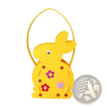 Yellow felt Easter bunny basket gift bag with yellow foam bunny shape, curved handle, colorful paper flowers and brown polka dots