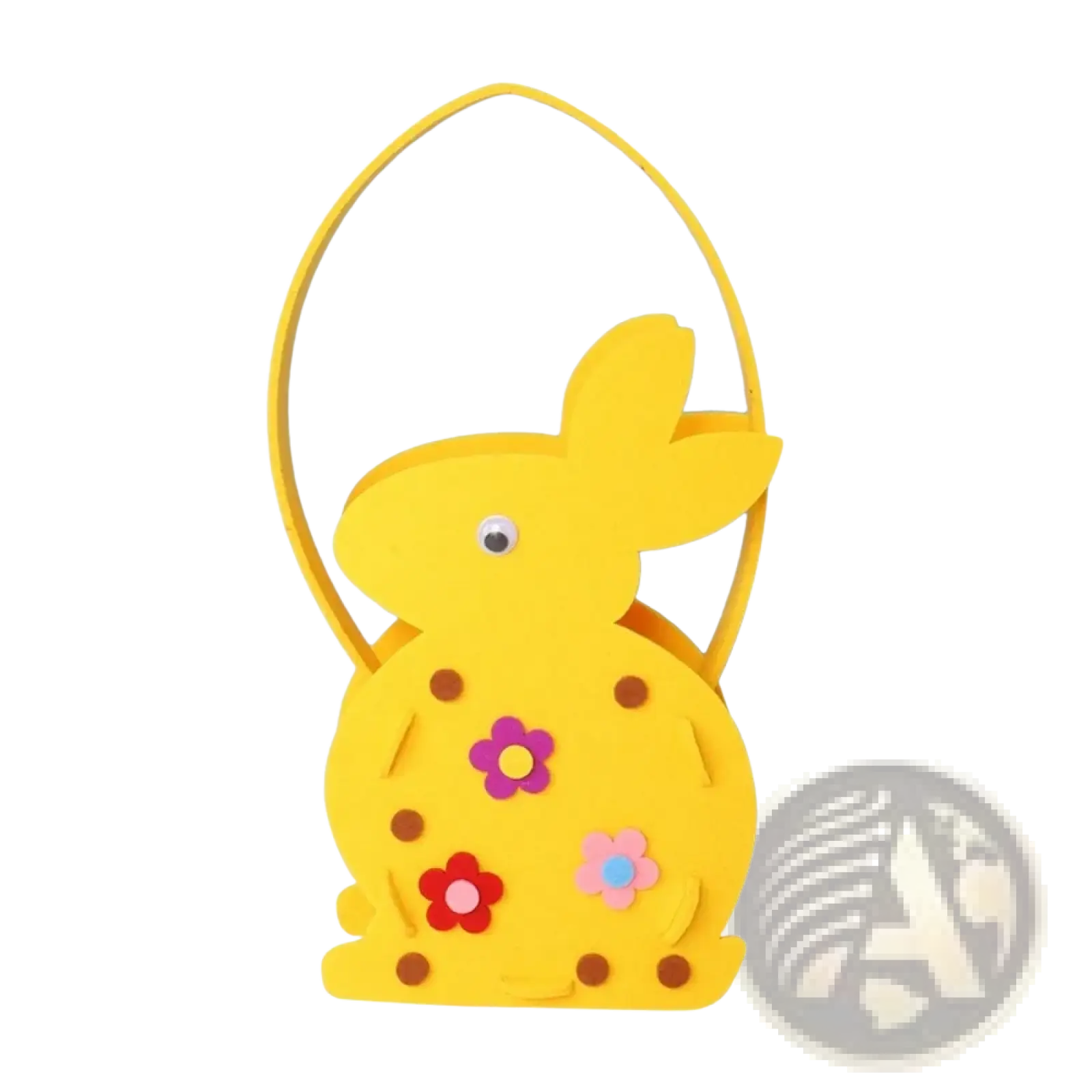 Yellow felt Easter bunny basket gift bag with yellow foam bunny shape, curved handle, colorful paper flowers and brown polka dots