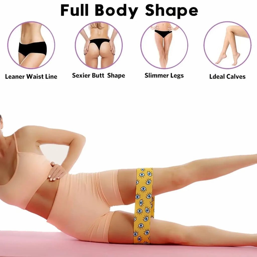 Yellow glute resistance band for women legs featuring yellow material with blue eye pattern for enhanced durability
