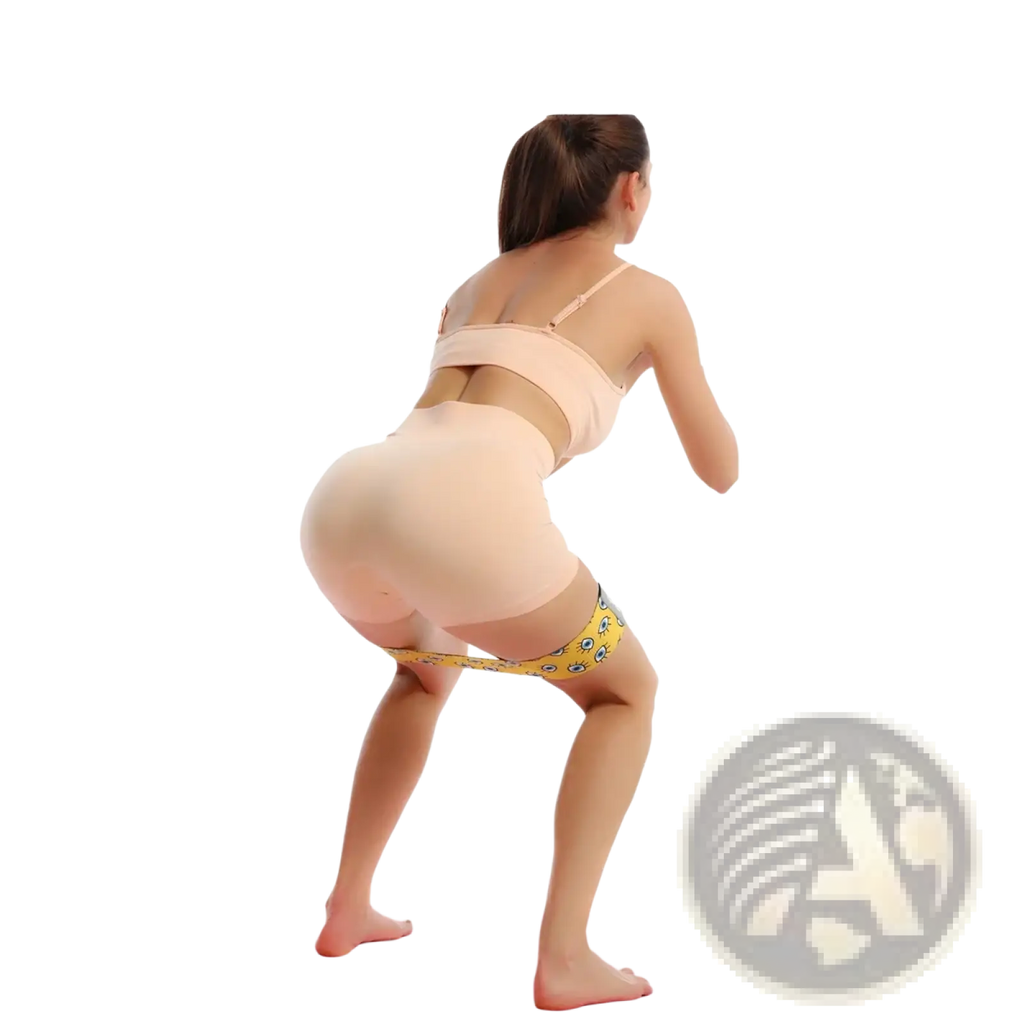 Yellow glute resistance band for women legs worn around thighs featuring a blue and white patterned design