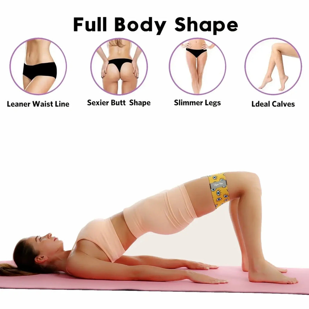 Yellow patterned glute resistance band with gray logo patch designed for women legs and strength training