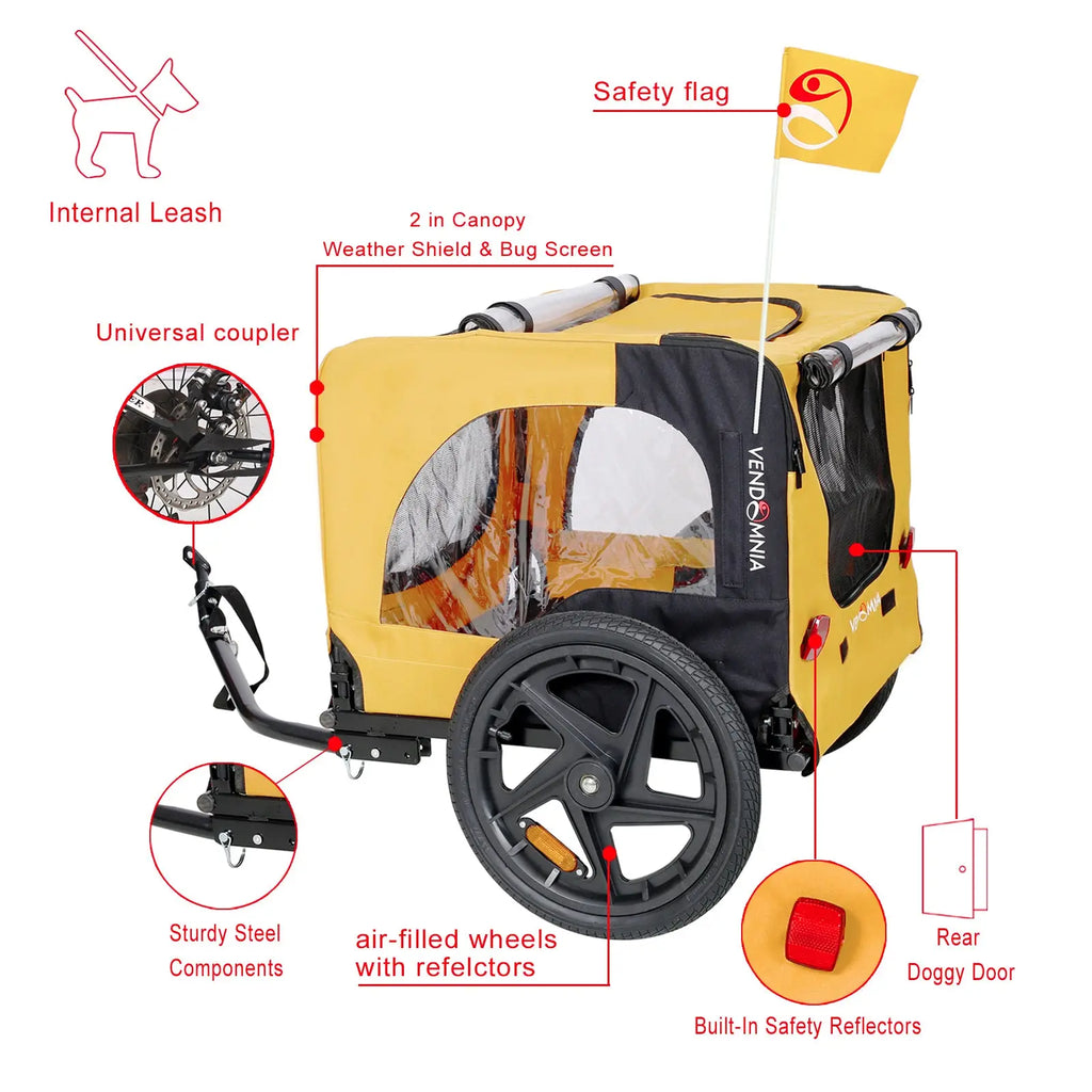 Yellow heavy duty foldable dog bicycle trailer with a yellow and black 2-in-1 canopy air-filled wheels and safety reflectors