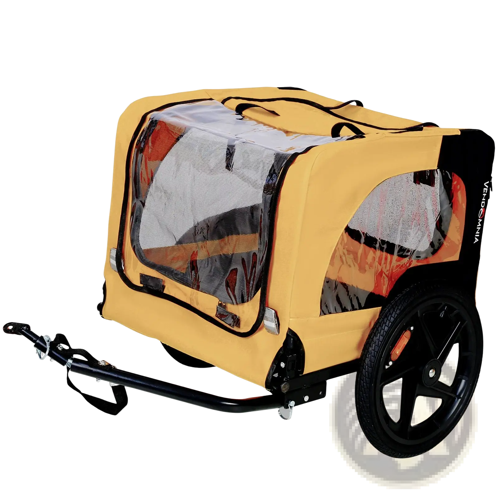Yellow heavy duty foldable dog bicycle trailer with durable fabric exterior, sturdy wheels, and transparent mesh windows
