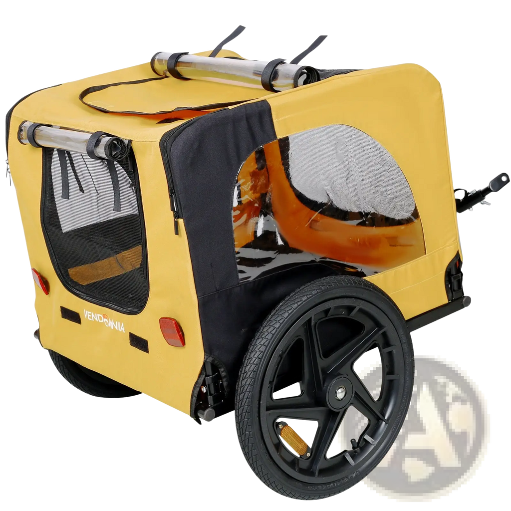 Yellow heavy duty foldable dog bicycle trailer with mesh windows clear plastic panel and sturdy wheels shown from the back side