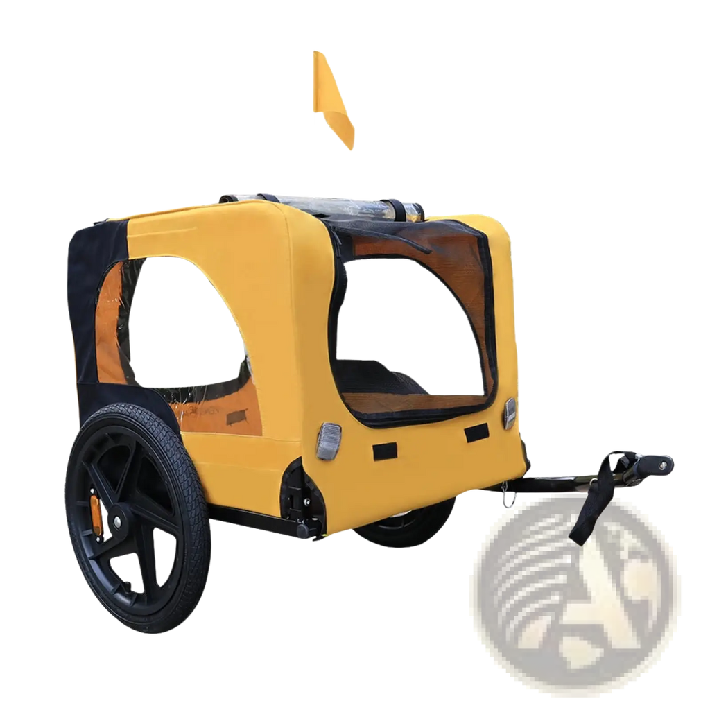 Yellow heavy duty foldable dog bicycle trailer in yellow and black with mesh window two wheels and small flag on top