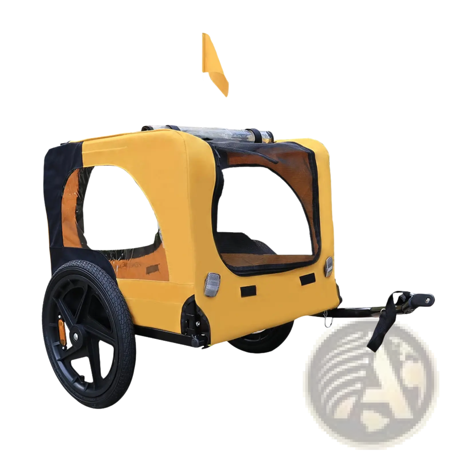 Yellow heavy duty foldable dog bicycle trailer in yellow and black with mesh window two wheels and small flag on top