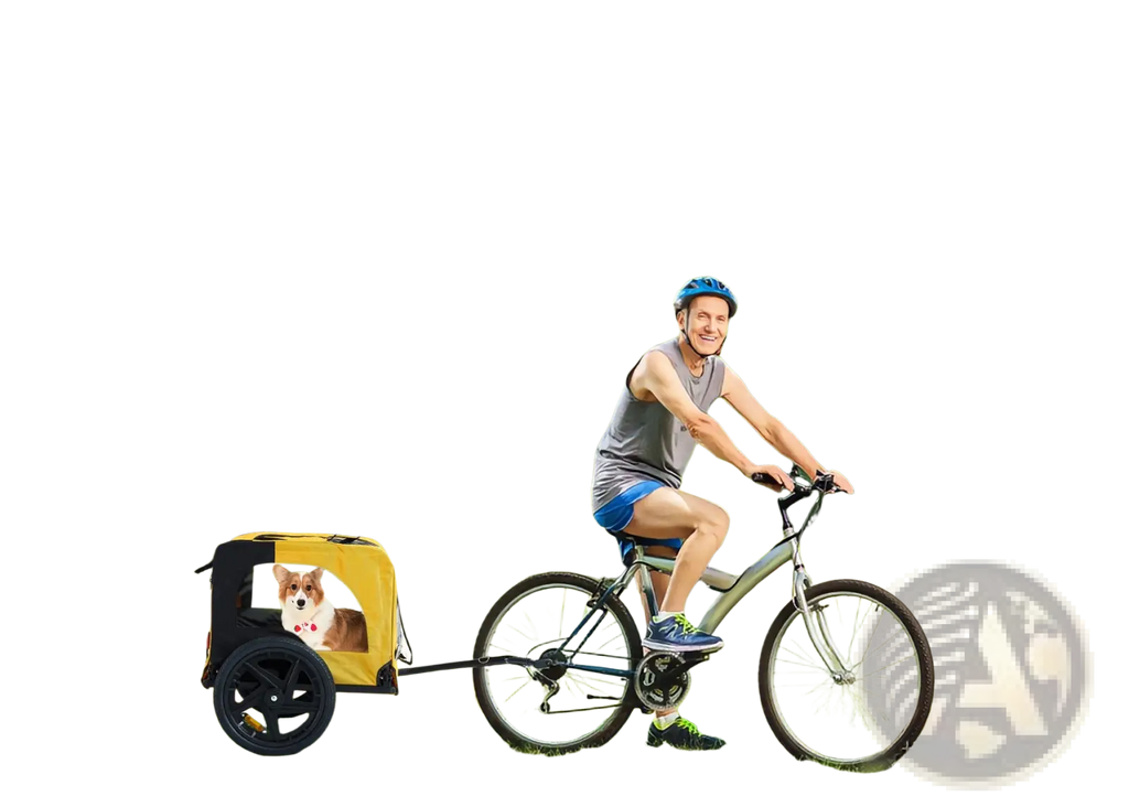 Yellow heavy duty foldable dog bicycle trailer in yellow and black with a corgi inside shown from the back side
