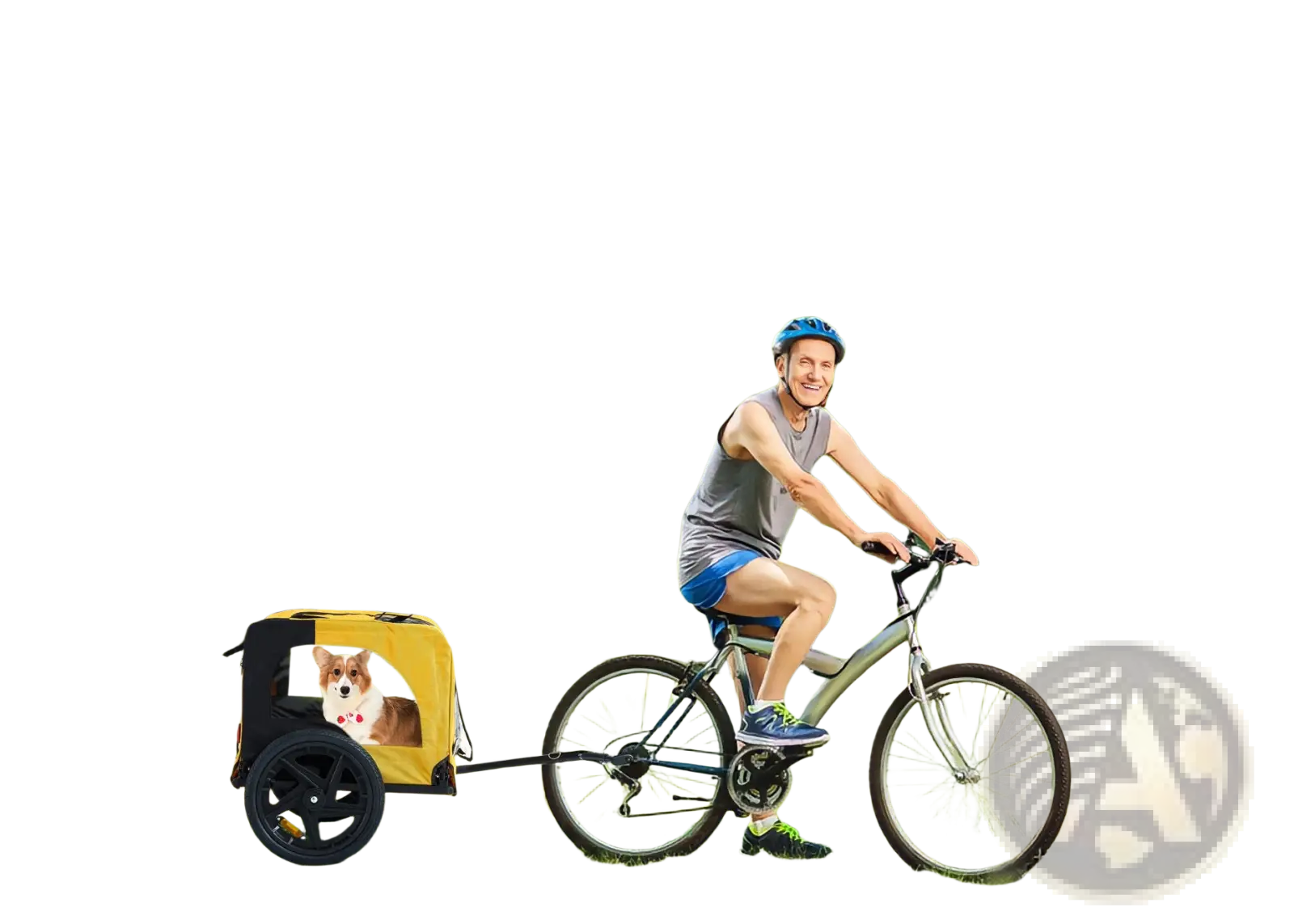 Yellow heavy duty foldable dog bicycle trailer in yellow and black with a corgi inside shown from the back side