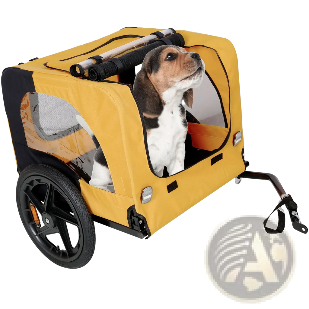 Yellow heavy duty foldable dog bicycle trailer in yellow and black with clear mesh windows for pet safety and ventilation