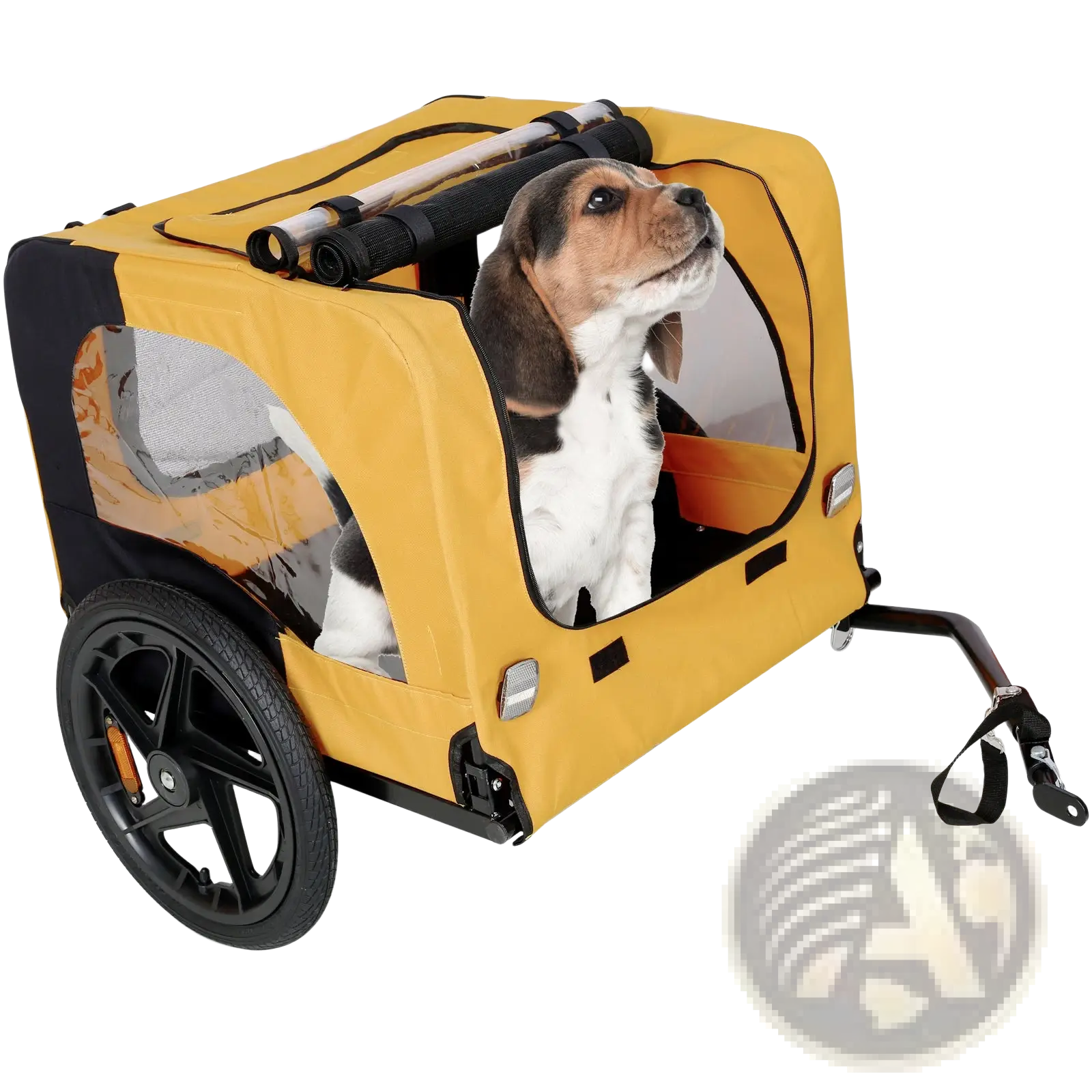 Yellow heavy duty foldable dog bicycle trailer in yellow and black with clear mesh windows for pet safety and ventilation