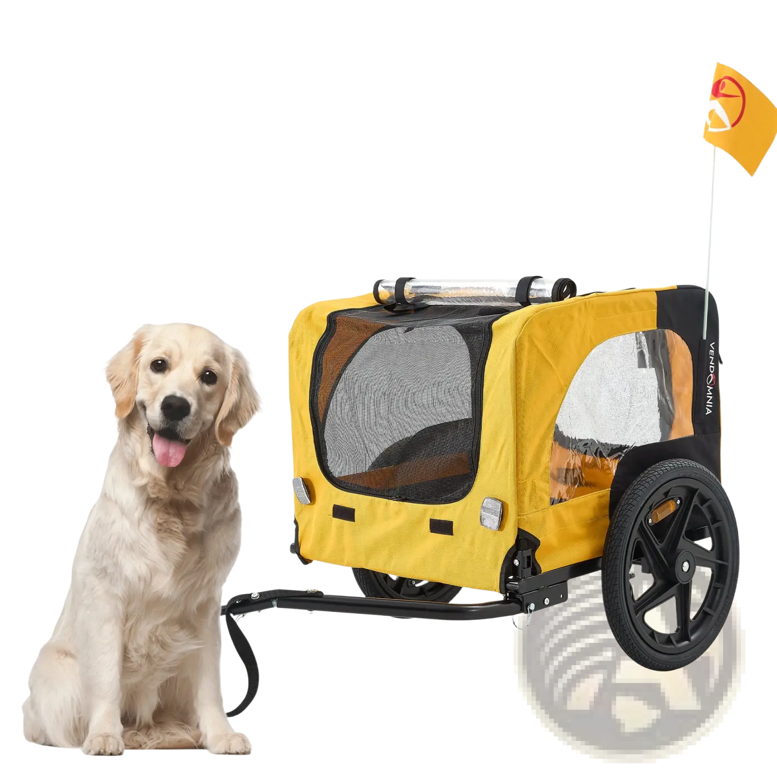 Yellow heavy duty foldable dog bicycle trailer showing back side with yellow and black mesh sides and clear windows