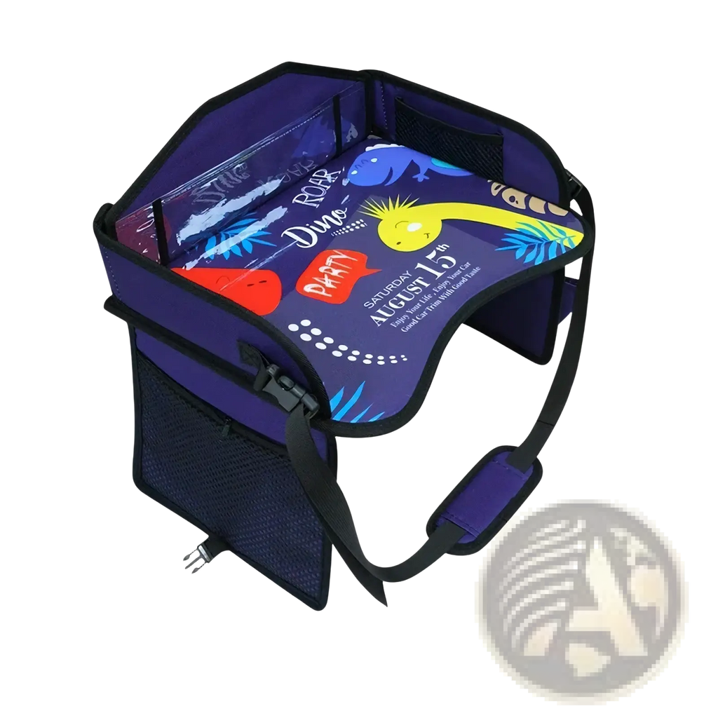 Purple dinosaur-themed car seat booster with colorful cartoon graphics and mesh side pockets for kids travel organization