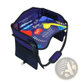 Purple dinosaur-themed car seat booster with colorful cartoon graphics and mesh side pockets for kids travel organization