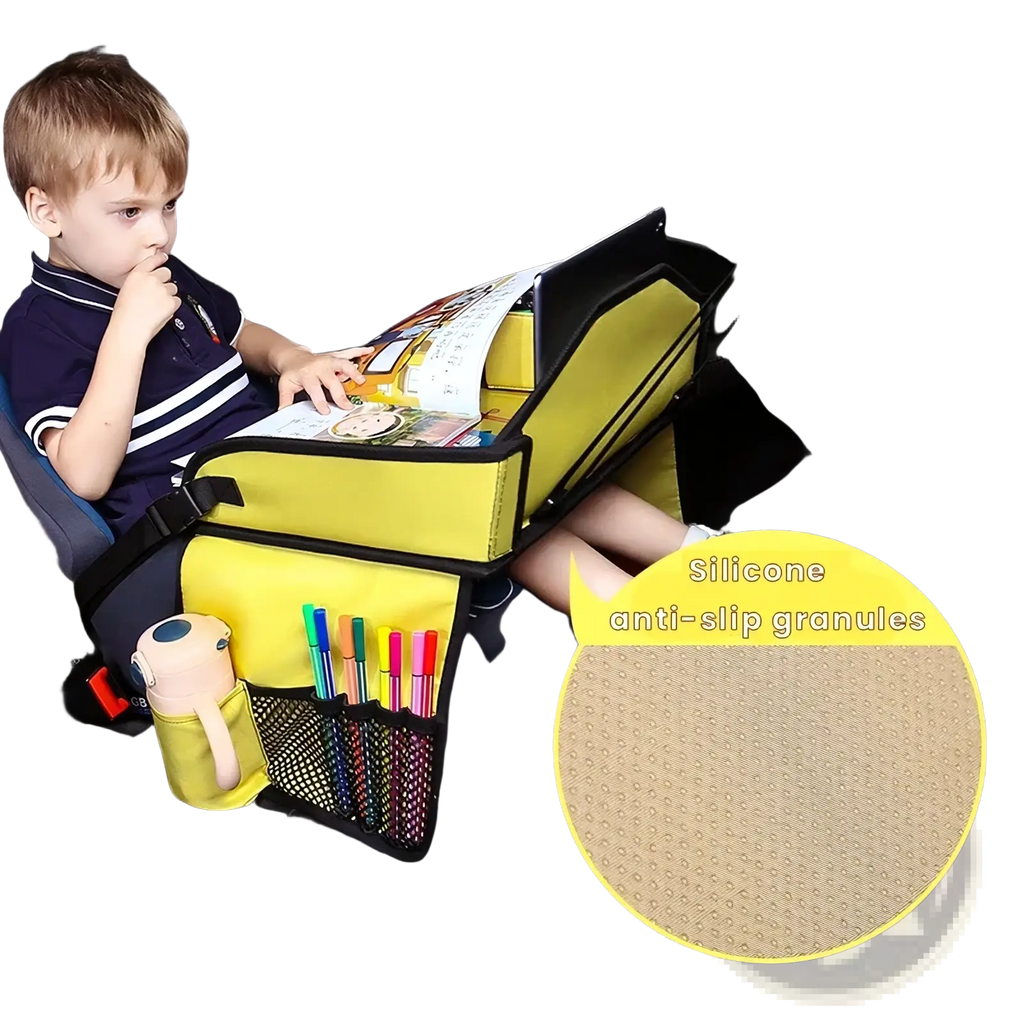 Yellow kids car seat travel tray and organizer with black trim and silicone anti-slip granules visible from the back side