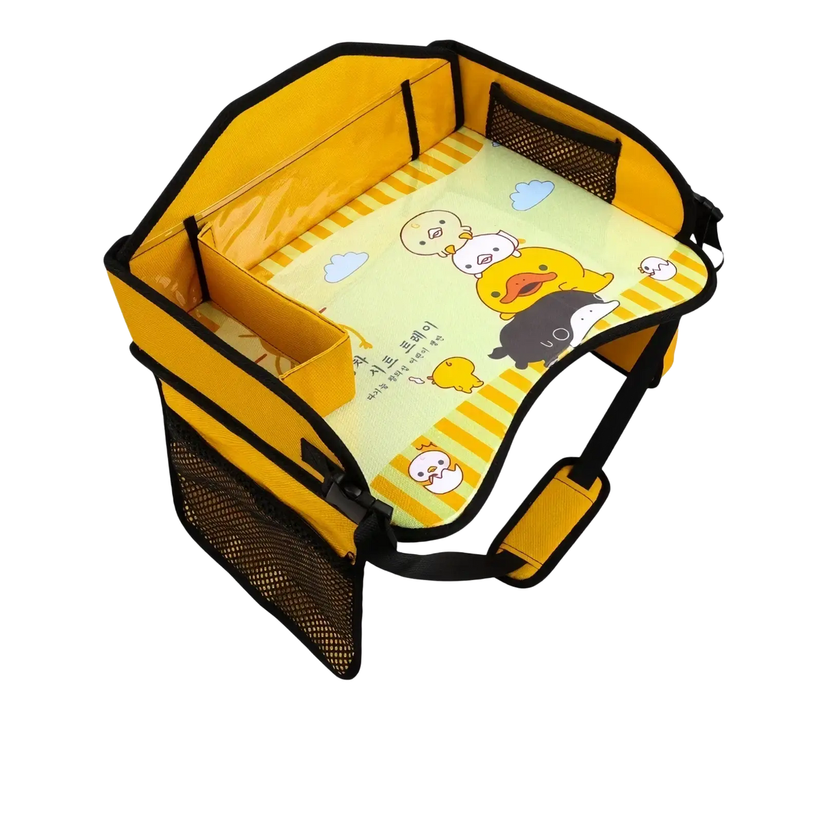 Yellow kids car seat travel tray and organizer with a yellow and black baby car seat booster featuring a cartoon duck cushion