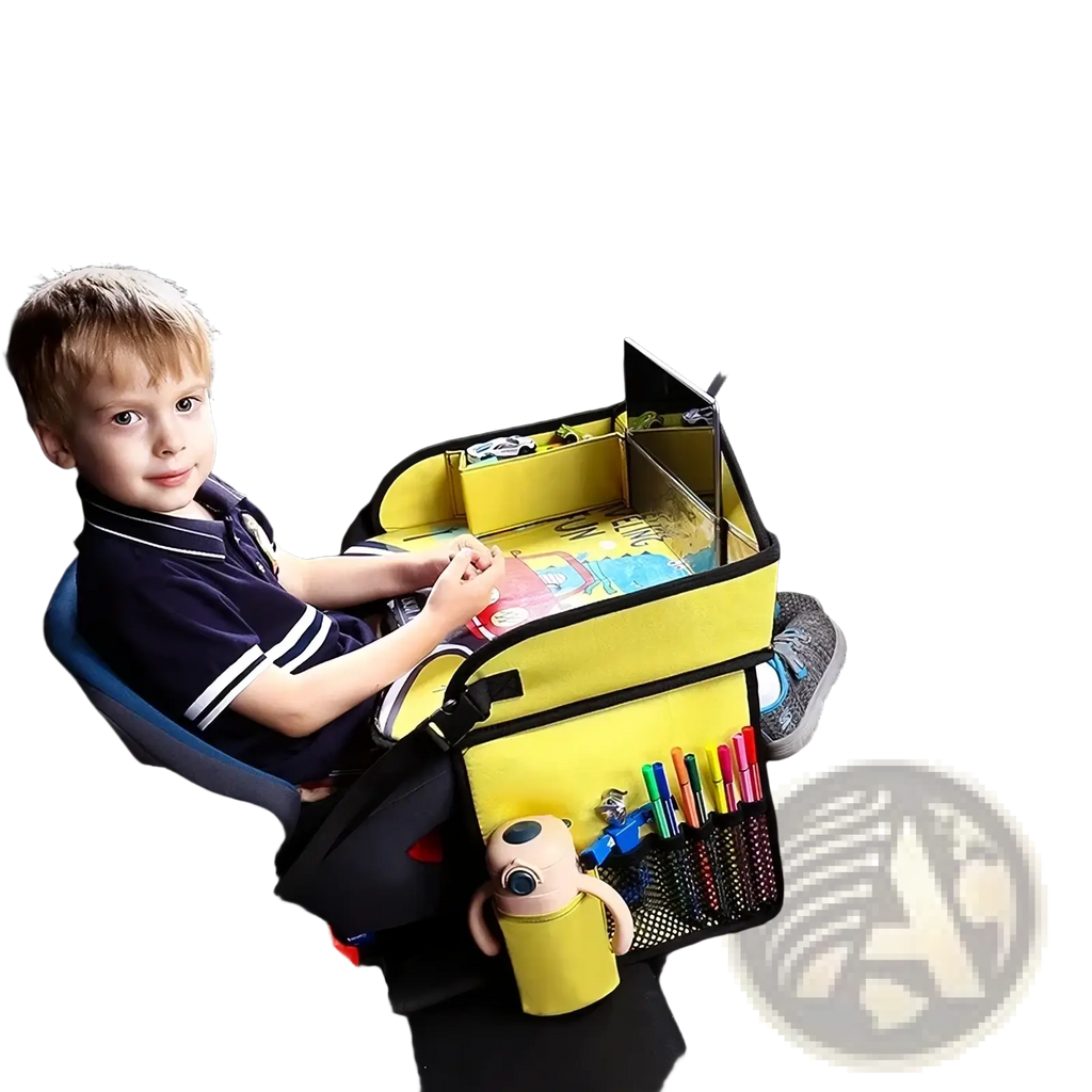 Bright yellow kids car seat travel tray and organizer with multiple compartments and mesh pocket holding colorful pens