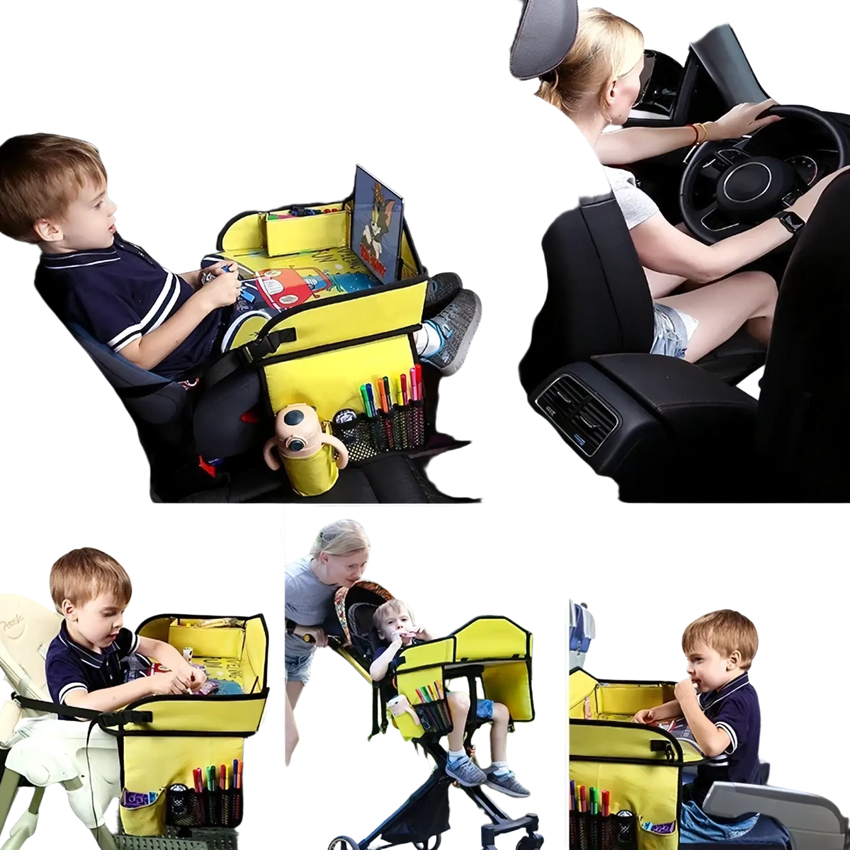 Bright yellow durable fabric kids car seat travel tray and organizer with multiple compartments and a built-in tray