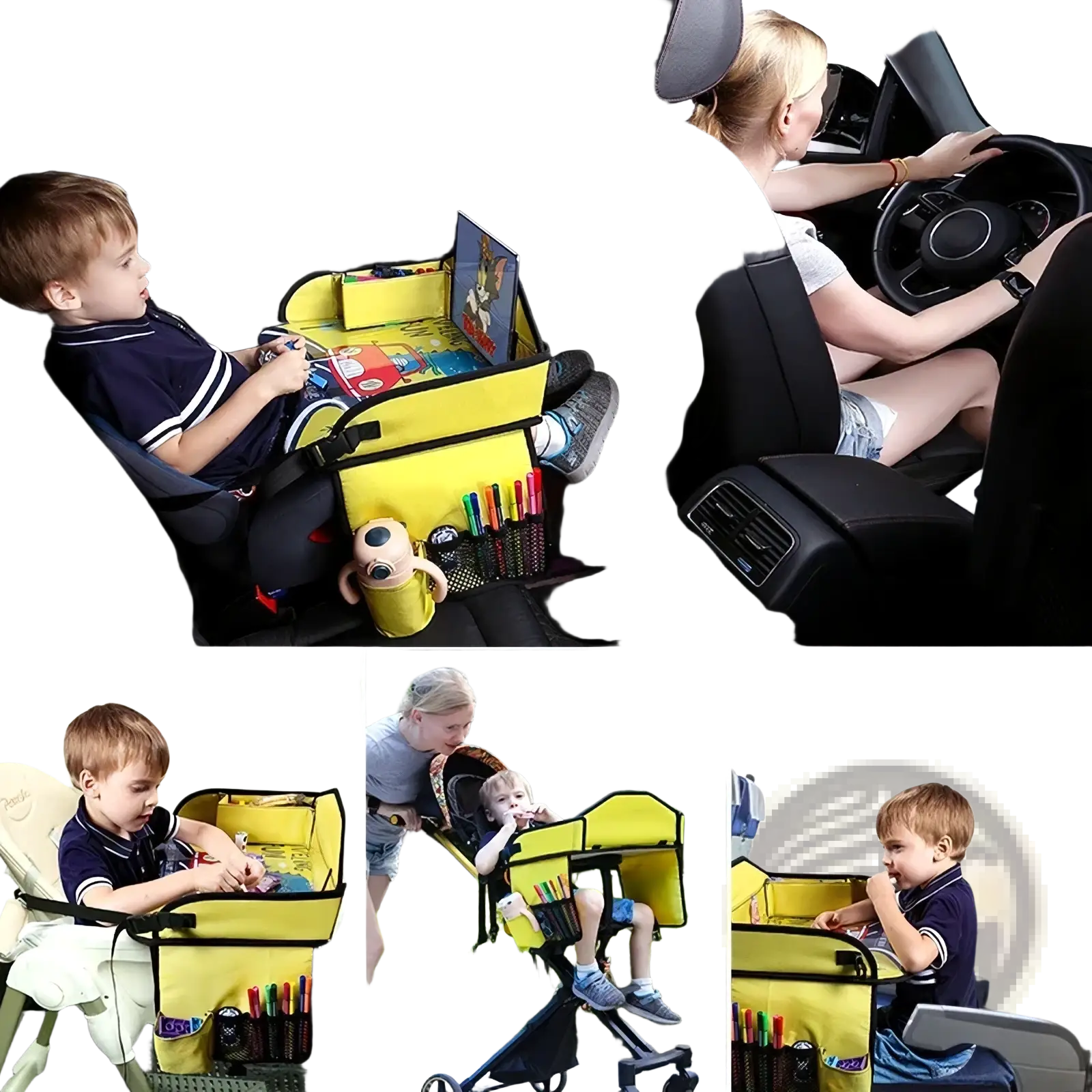 Bright yellow durable fabric kids car seat travel tray and organizer with multiple compartments and a built-in tray