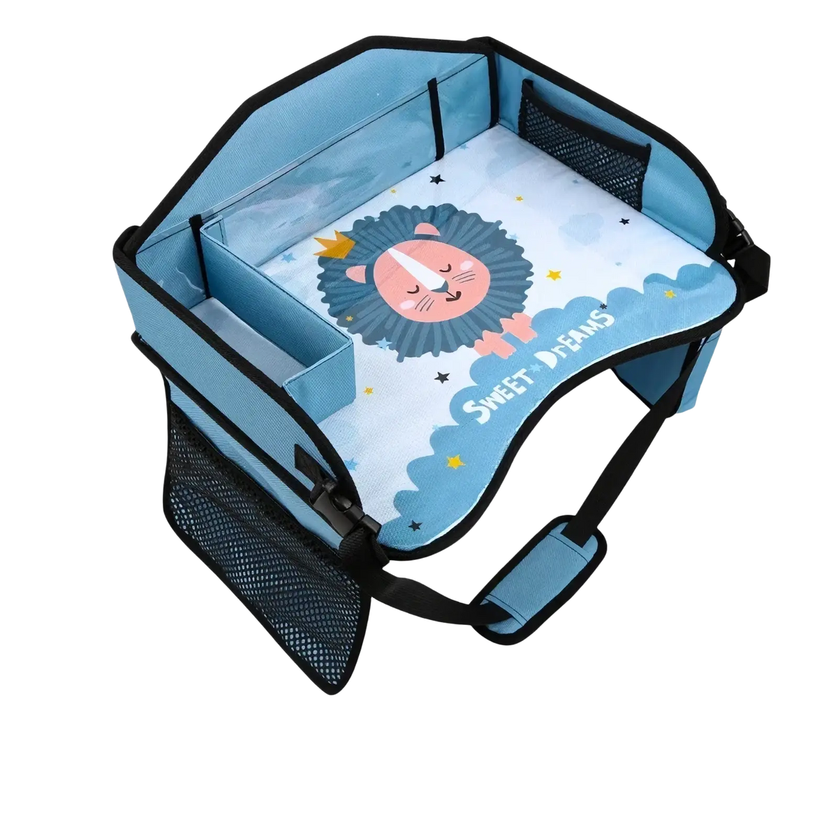 Light blue kids car seat travel tray with cartoon lion design and mesh side pockets for organizing items