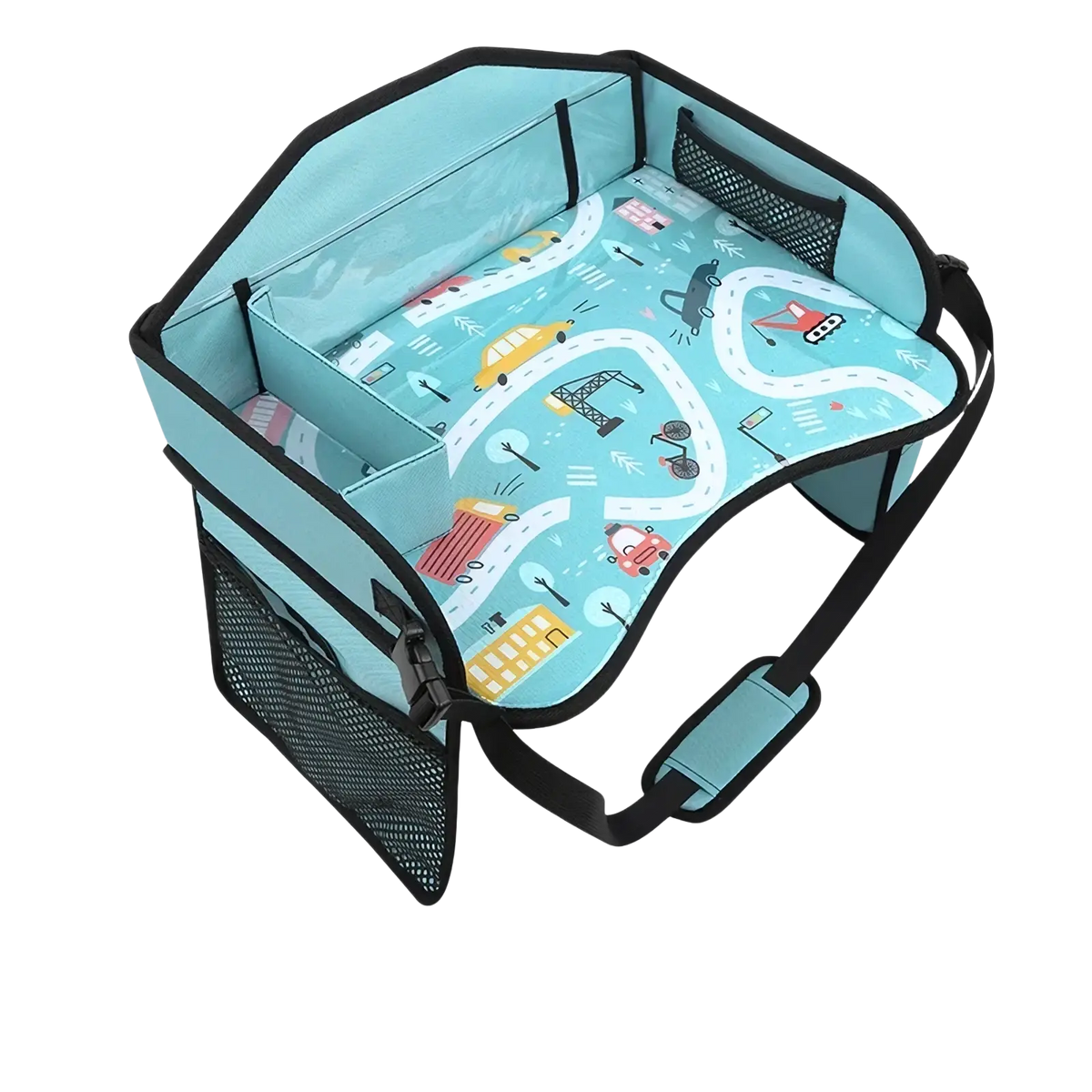 Light blue car-themed toddler booster seat with black mesh pockets and straps shown from the back side