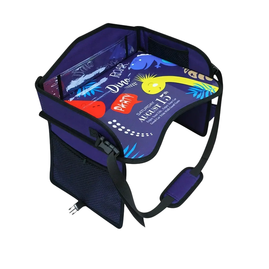 Purple dinosaur-themed car seat booster with colorful cartoon graphics and mesh side pockets for kids travel organization