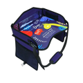 Purple dinosaur-themed car seat booster with colorful cartoon graphics and mesh side pockets for kids travel organization
