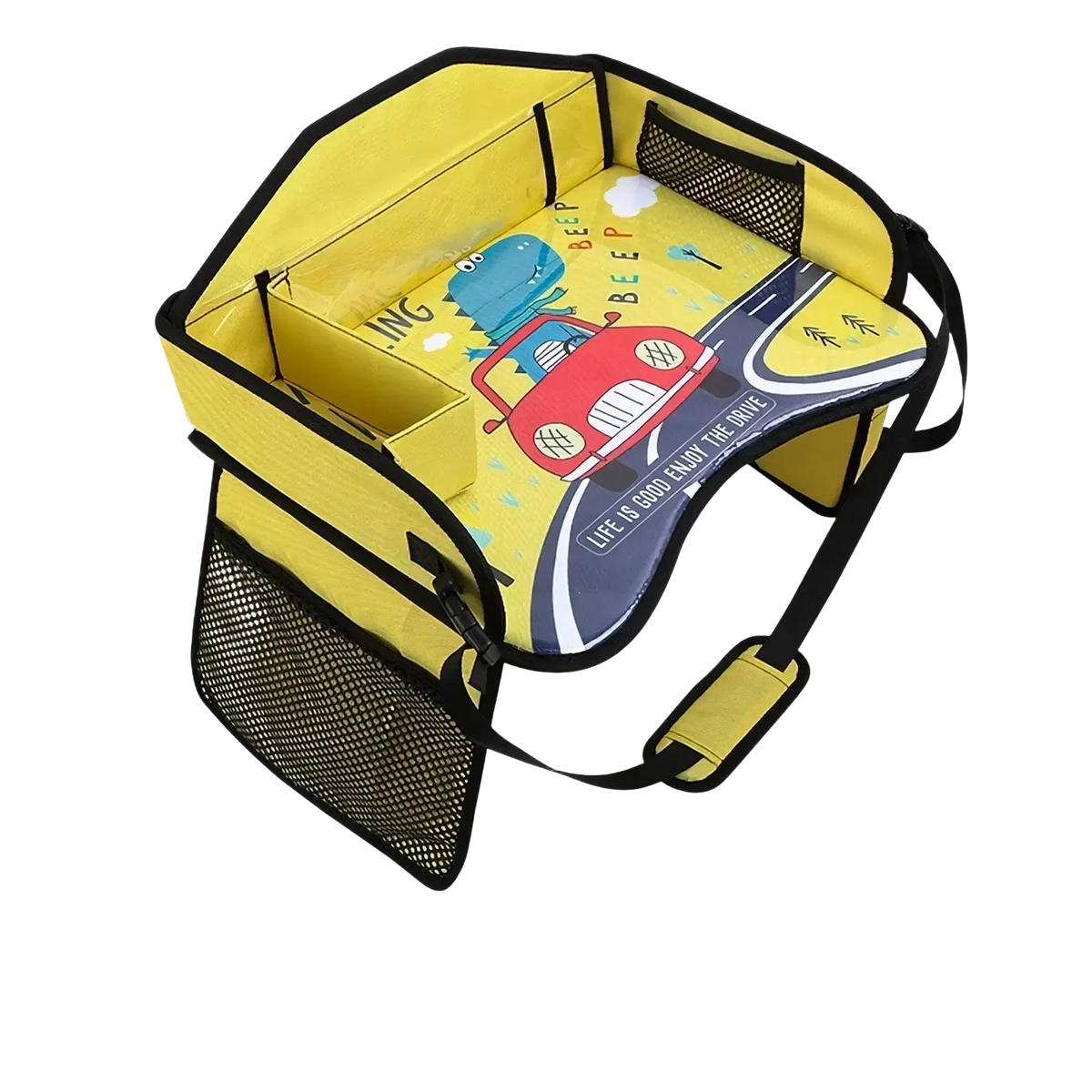 Yellow kids car seat travel tray and organizer featuring a yellow car-themed design with mesh pockets and black trim