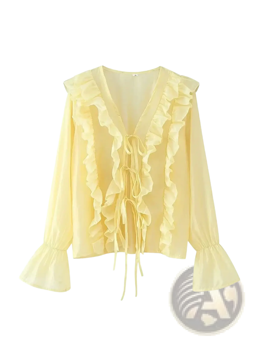A delicate pale yellow sheer lace-up V-neck blouse with layered ruffles along the neckline and front with ties
