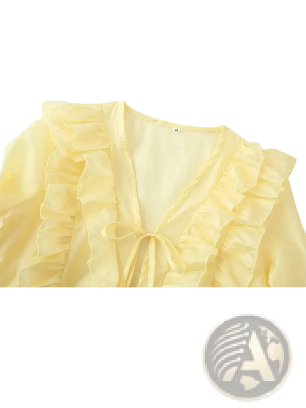 Yellow lace-up v-neck blouse in delicate pale yellow sheer fabric with layered ruffles and matching front tie