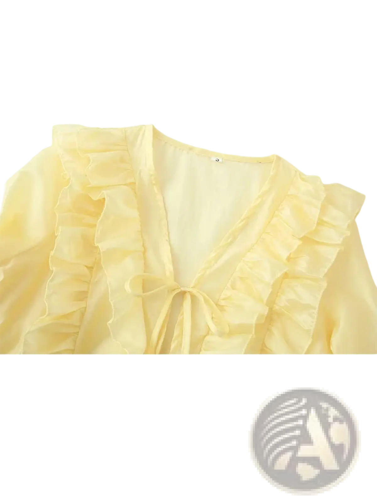 Yellow lace-up v-neck blouse in delicate pale yellow sheer fabric with layered ruffles and matching front tie