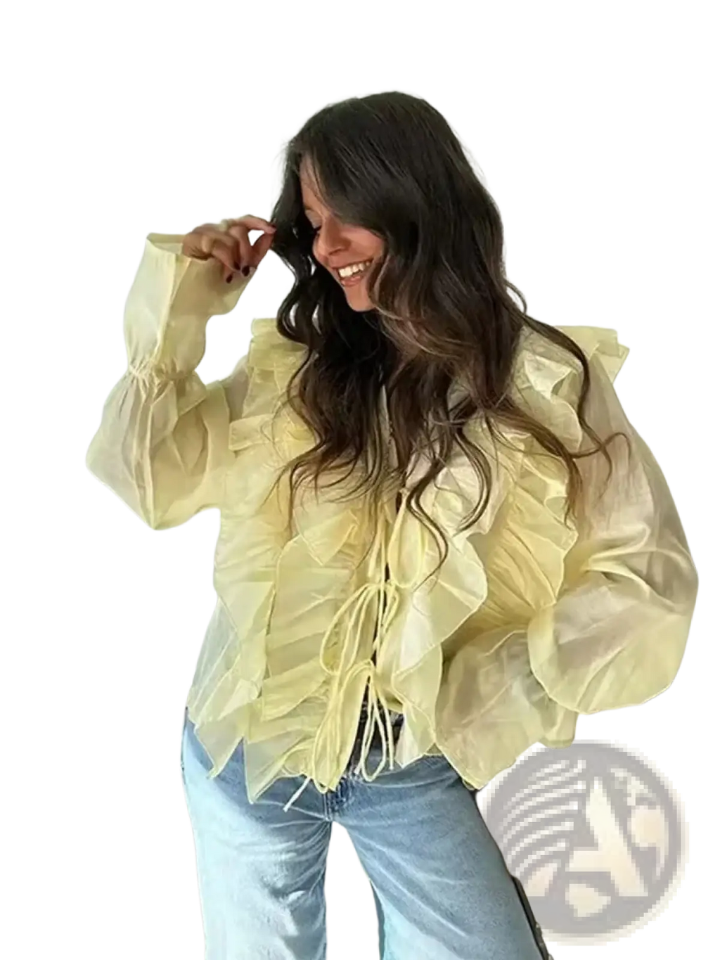 Yellow lace-up v-neck blouse in pale yellow sheer fabric with voluminous ruffled sleeves and tied front detail