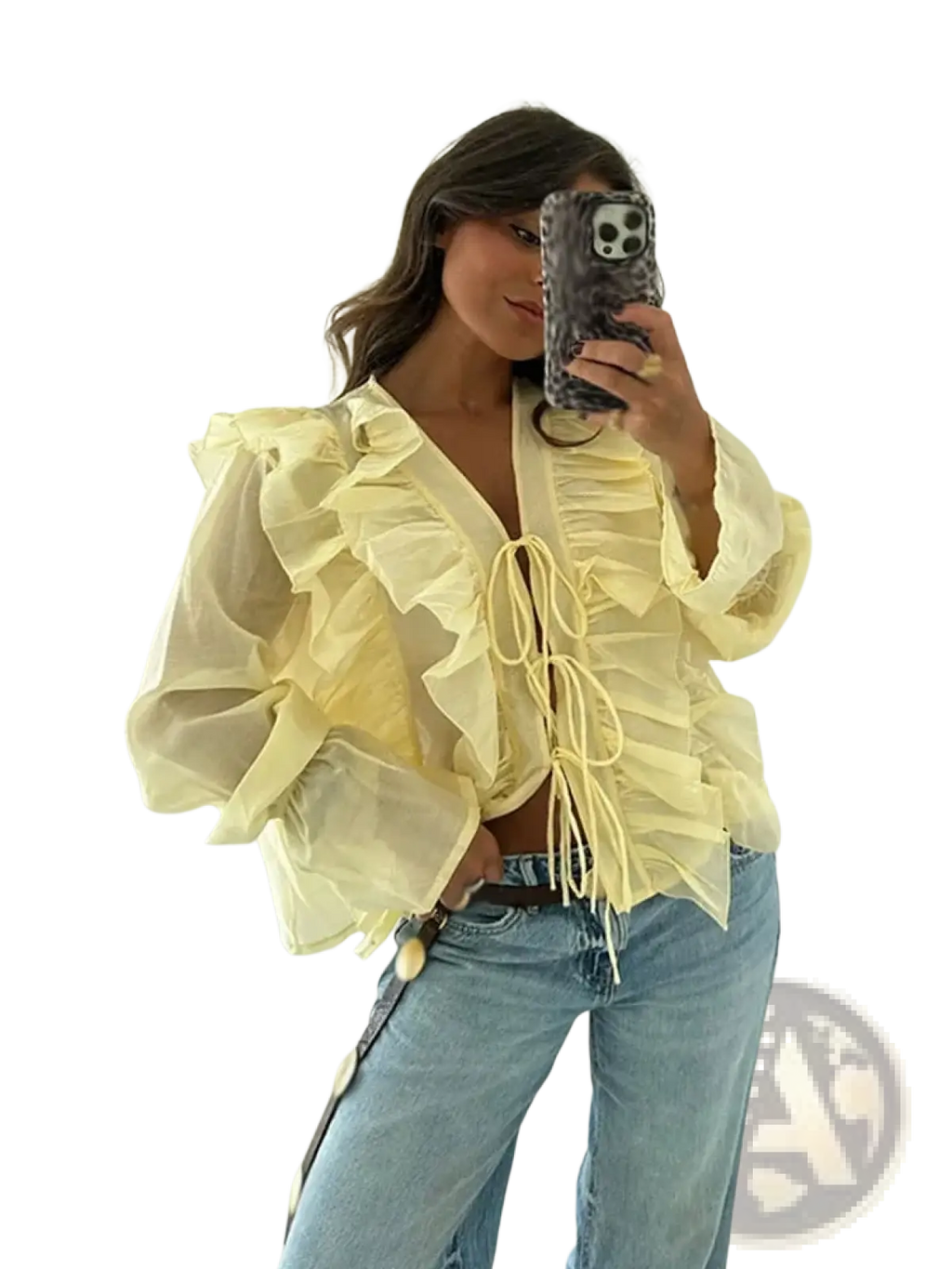 A delicate pale yellow sheer blouse with voluminous ruffled sleeves and a lace-up v-neck front