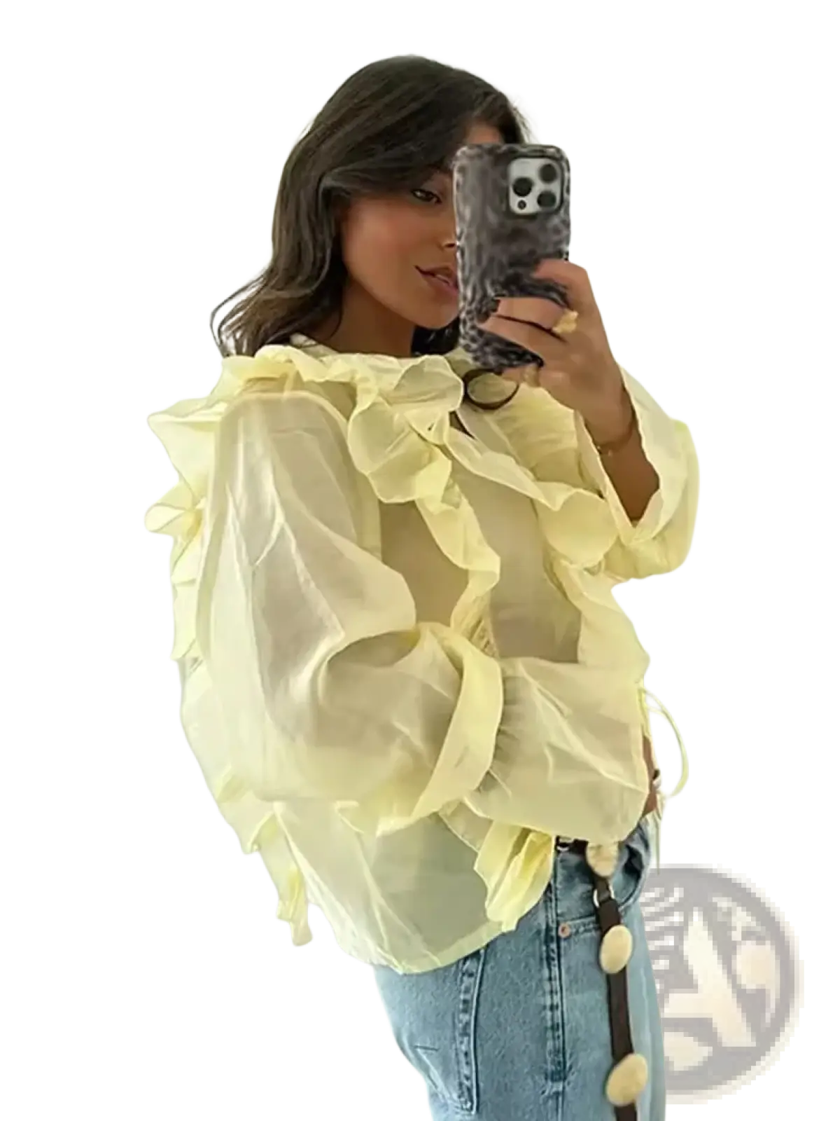 A pale yellow lace-up v-neck sheer blouse with voluminous ruffled sleeves and a layered flowing design