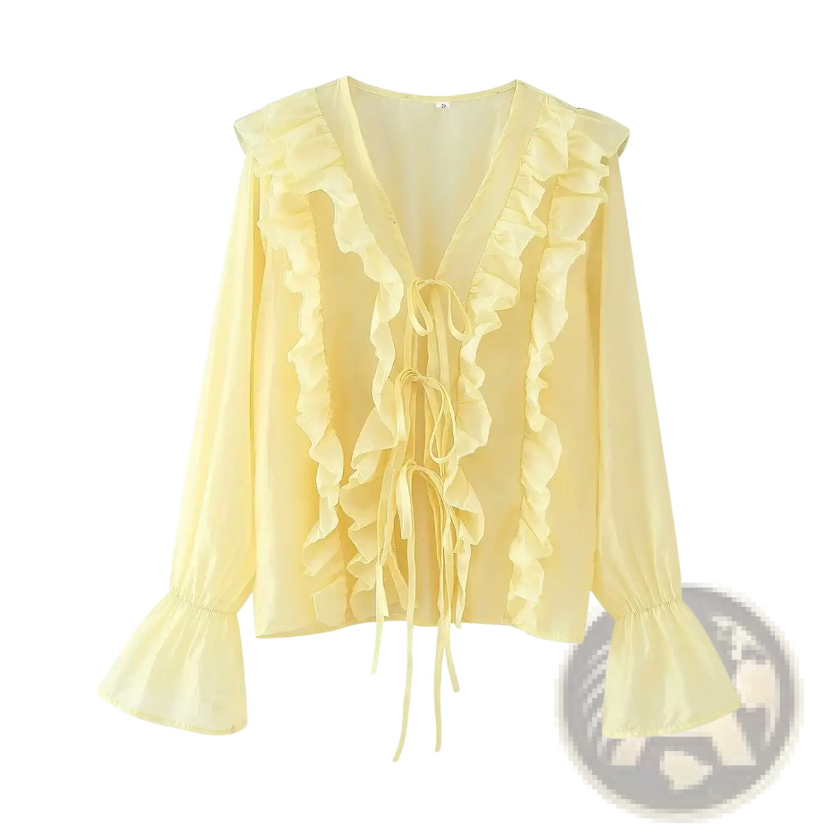 A delicate pale yellow long sleeve blouse with lace-up v-neck ruffled neckline and cuffs featuring front tie detail