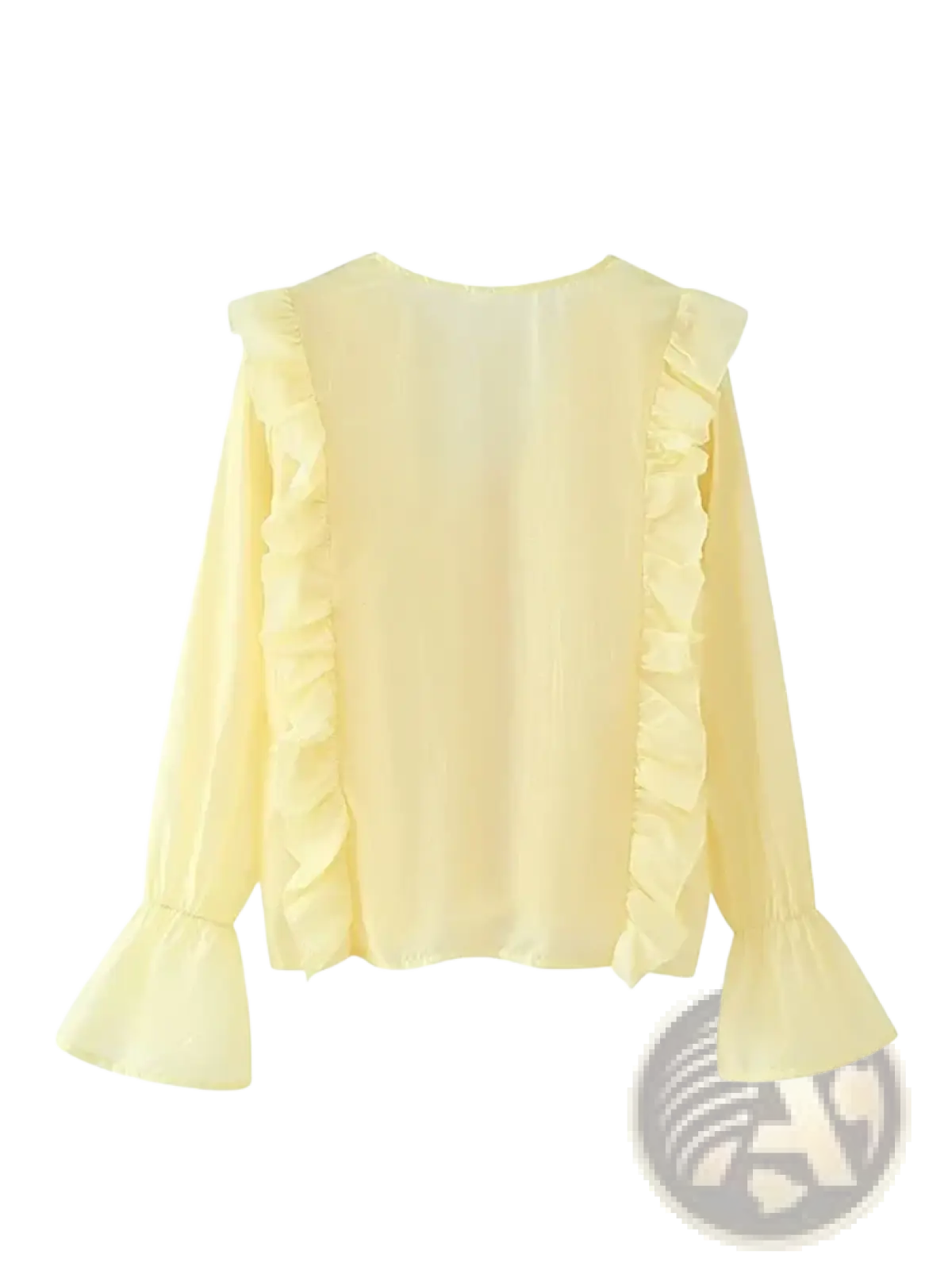 A pale yellow sheer yellow lace-up v-neck blouse with delicate ruffled sleeves and cuffs