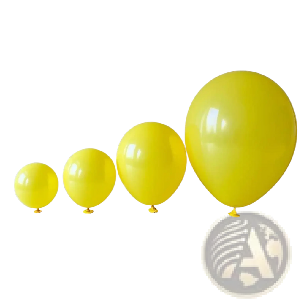 A set of four bright yellow glossy latex balloons in graduated sizes for party arch decor
