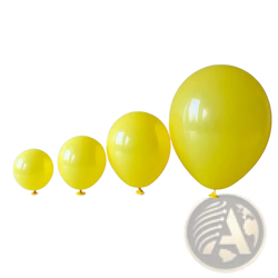 A set of four bright yellow glossy latex balloons in graduated sizes for party arch decor