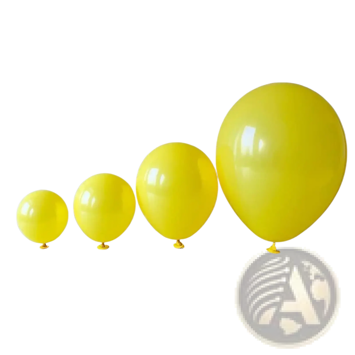 A set of four bright yellow glossy latex balloons in graduated sizes for party arch decor